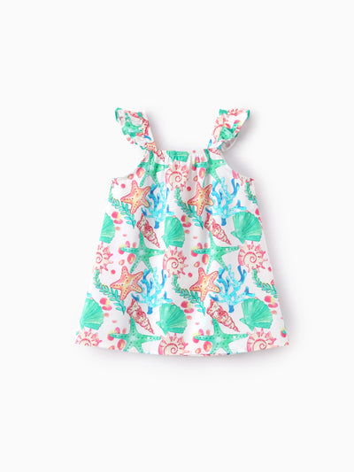 Ocean Vibes Baby Girl Tropical island Leaf Print Dress White