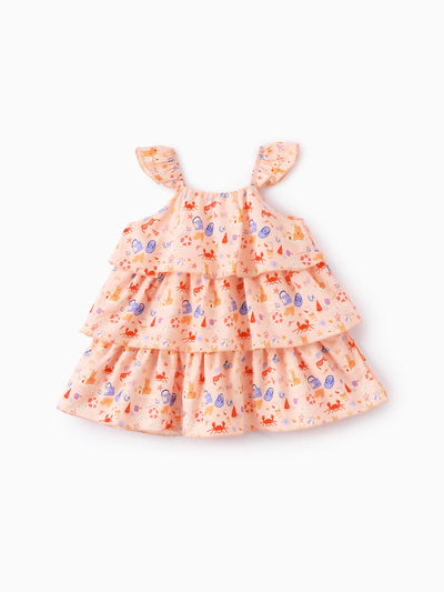 Ocean Vibes Ruffle Flutter Sleeve Beach Print Tiered Dress Light Pink