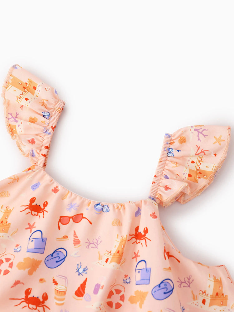 Ocean Vibes Ruffle Flutter Sleeve Beach Print Tiered Dress Light Pink