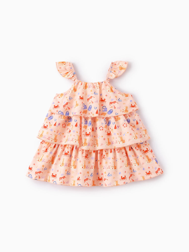Ocean Vibes Ruffle Flutter Sleeve Beach Print Tiered Dress Light Pink