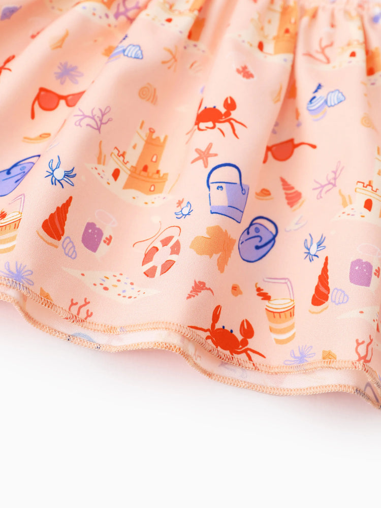 Ocean Vibes Ruffle Flutter Sleeve Beach Print Tiered Dress Light Pink
