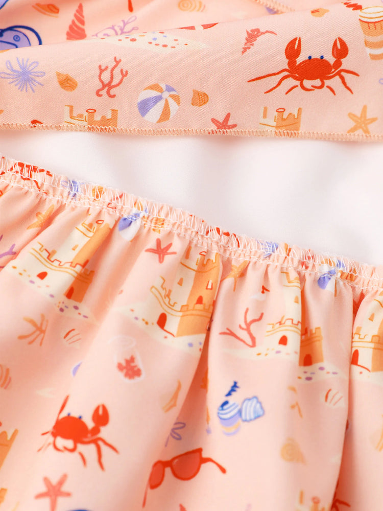 Ocean Vibes Ruffle Flutter Sleeve Beach Print Tiered Dress Light Pink