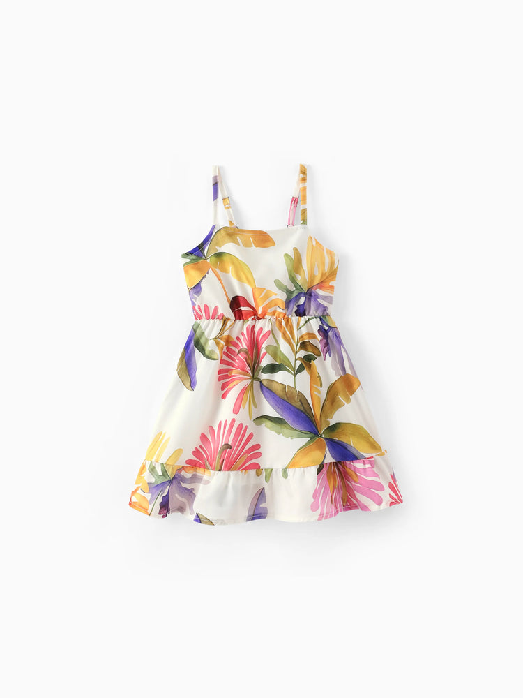 Family Matching Sets Tropical Floral V-Neck Dress & Short Sleeve Tee with Adjustable Straps Deep White Apricot