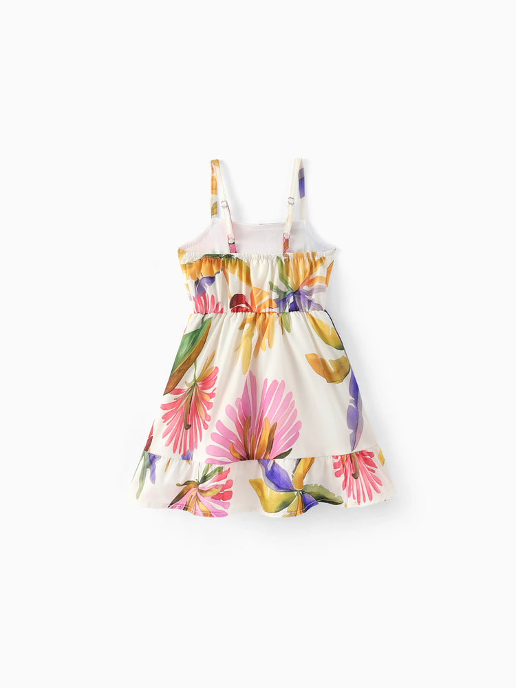Family Matching Sets Tropical Floral V-Neck Dress & Short Sleeve Tee with Adjustable Straps Deep White Apricot