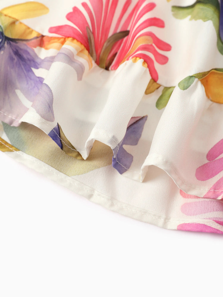 Family Matching Sets Tropical Floral V-Neck Dress & Short Sleeve Tee with Adjustable Straps Deep White Apricot