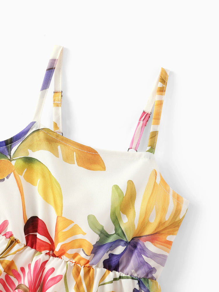 Family Matching Sets Tropical Floral V-Neck Dress & Short Sleeve Tee with Adjustable Straps Deep White Apricot