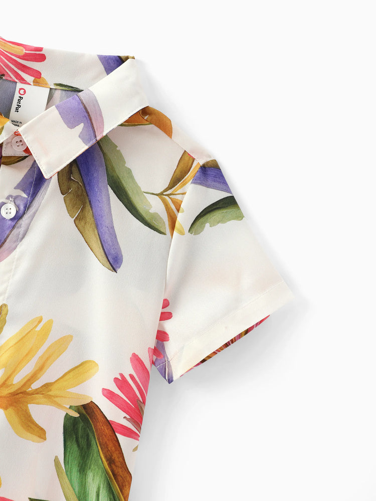 Family Matching Sets Tropical Floral V-Neck Dress & Short Sleeve Tee with Adjustable Straps Deep White Apricot