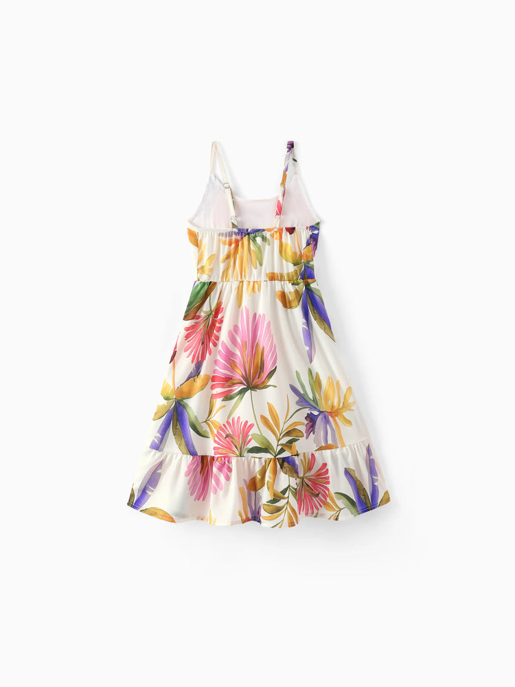 Family Matching Sets Tropical Floral V-Neck Dress & Short Sleeve Tee with Adjustable Straps Deep White Apricot
