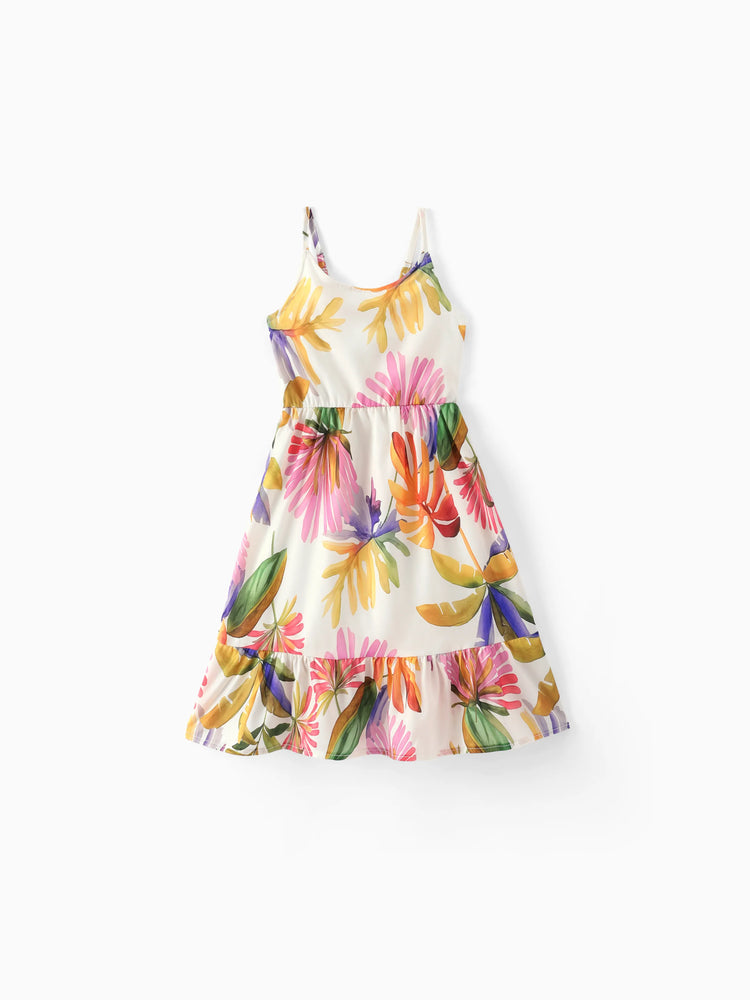 Family Matching Sets Tropical Floral V-Neck Dress & Short Sleeve Tee with Adjustable Straps Deep White Apricot
