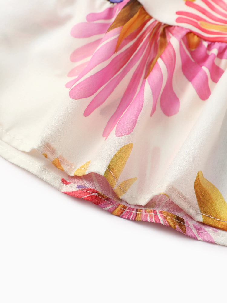 Family Matching Sets Tropical Floral V-Neck Dress & Short Sleeve Tee with Adjustable Straps Deep White Apricot