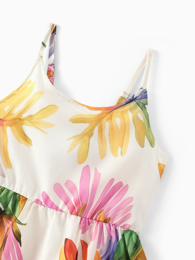 Family Matching Sets Tropical Floral V-Neck Dress & Short Sleeve Tee with Adjustable Straps Deep White Apricot