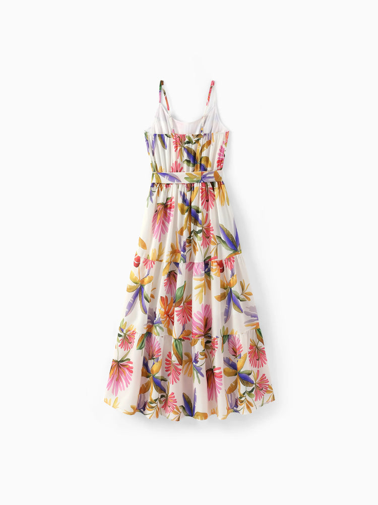 Family Matching Sets Tropical Floral V-Neck Dress & Short Sleeve Tee with Adjustable Straps Deep White Apricot