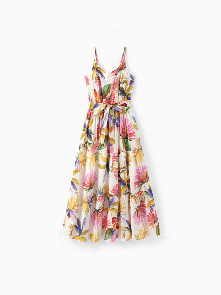 Family Matching Sets Tropical Floral V-Neck Dress & Short Sleeve Tee with Adjustable Straps Deep White Apricot
