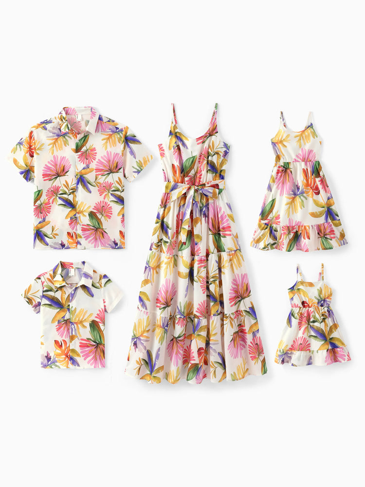 Family Matching Sets Tropical Floral V-Neck Dress & Short Sleeve Tee with Adjustable Straps Deep White Apricot