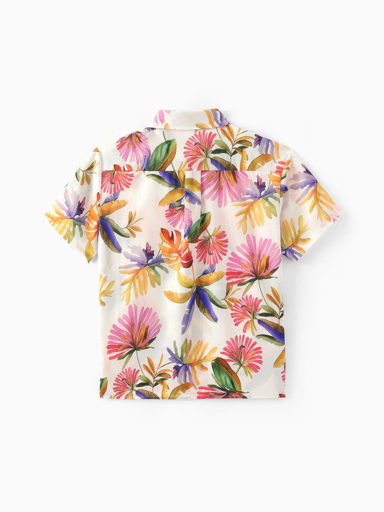 Family Matching Sets Tropical Floral V-Neck Dress & Short Sleeve Tee with Adjustable Straps Deep White Apricot