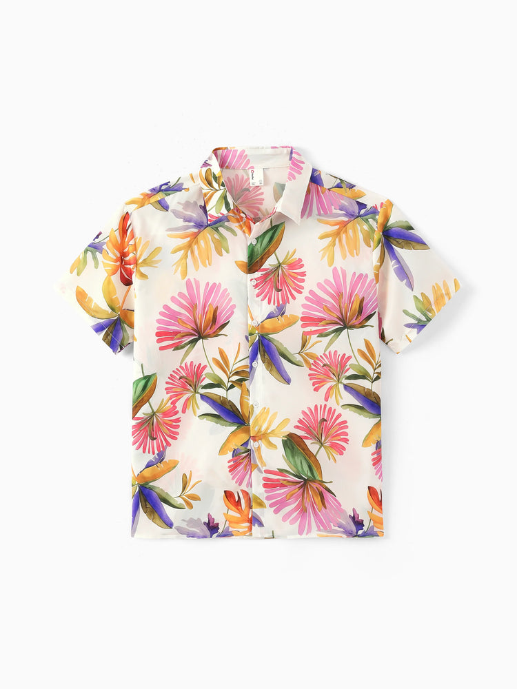 Family Matching Sets Tropical Floral V-Neck Dress & Short Sleeve Tee with Adjustable Straps Deep White Apricot