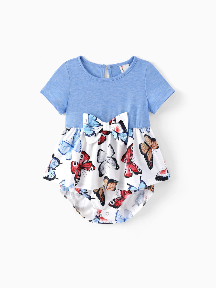 Family Matching Sets Butterfly Soft Casual Tee & Below Knee Dresses with Belted Design Blue Light Blue