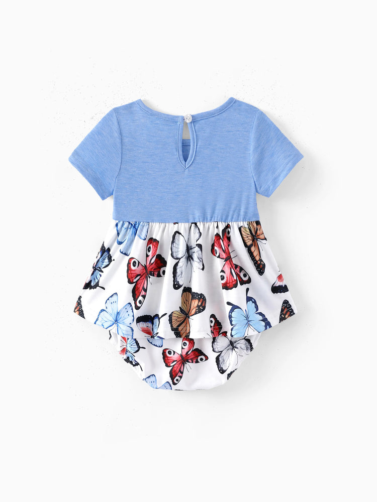 Family Matching Sets Butterfly Soft Casual Tee & Below Knee Dresses with Belted Design Blue Light Blue