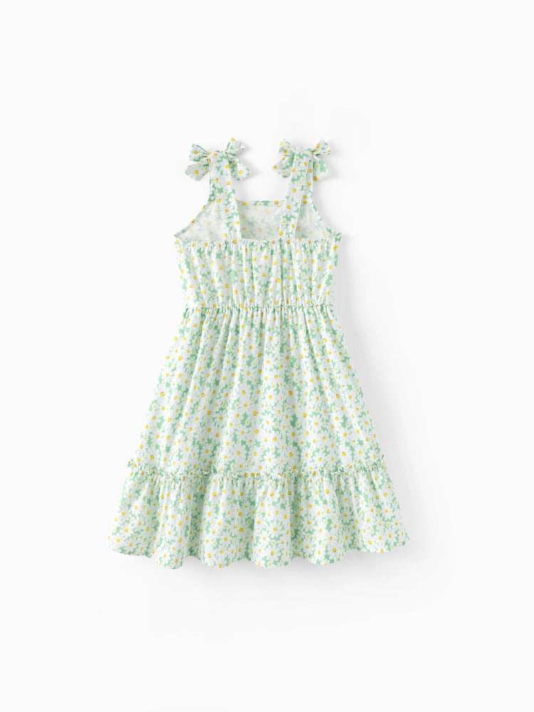 Mommy and Me Floral Dress with Flutter Sleeves Light Green Daisy Print Pale Green