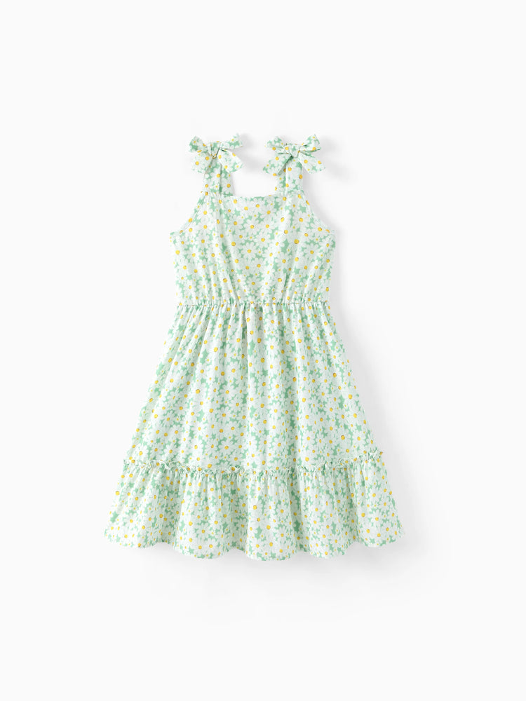 Mommy and Me Floral Dress with Flutter Sleeves Light Green Daisy Print Pale Green