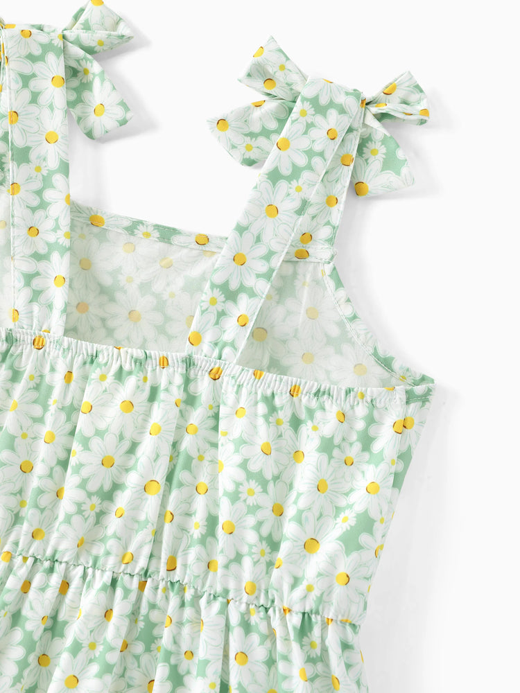 Mommy and Me Floral Dress with Flutter Sleeves Light Green Daisy Print Pale Green