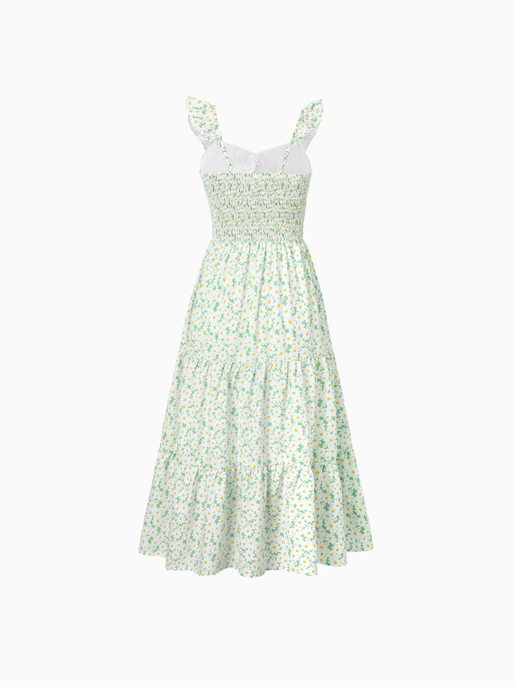 Mommy and Me Floral Dress with Flutter Sleeves Light Green Daisy Print Pale Green
