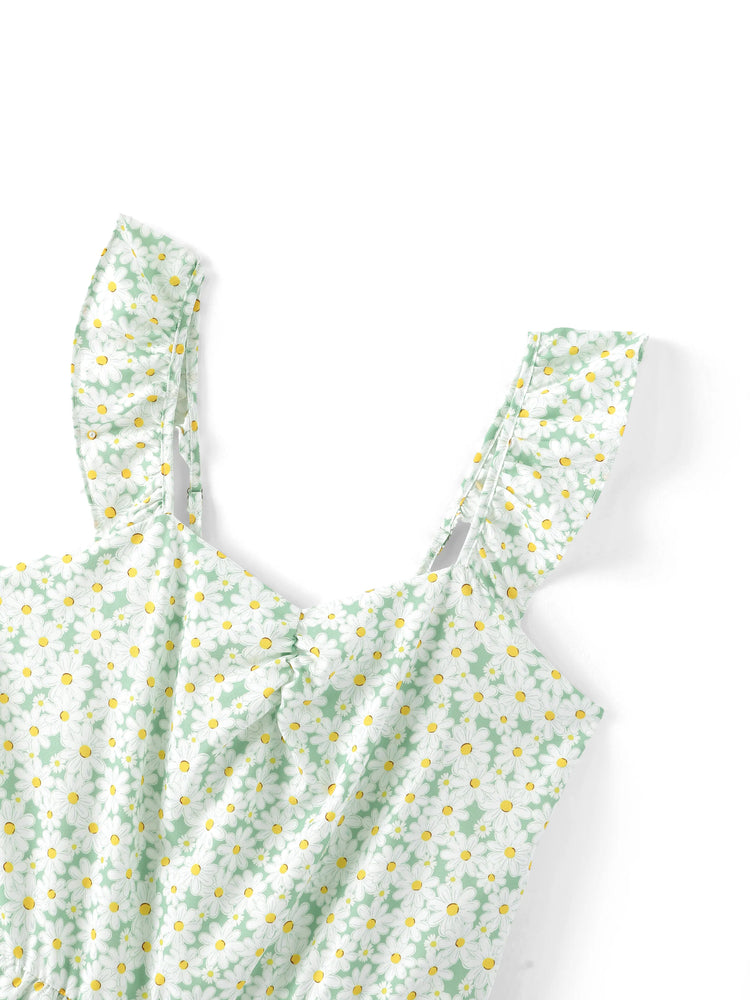 Mommy and Me Floral Dress with Flutter Sleeves Light Green Daisy Print Pale Green