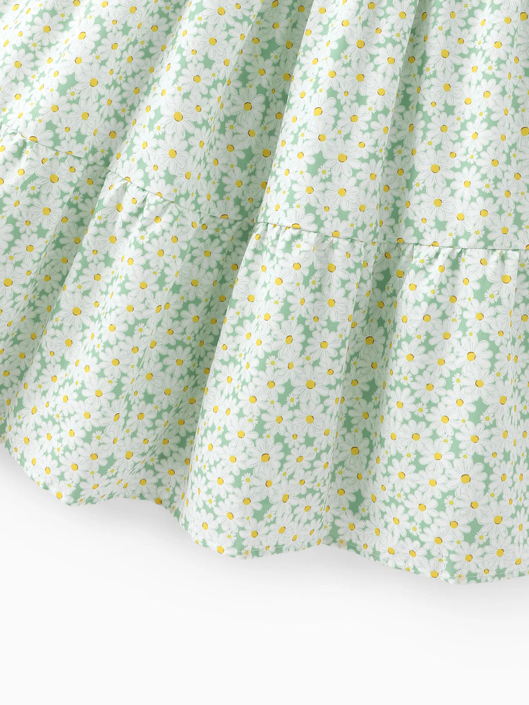 Mommy and Me Floral Dress with Flutter Sleeves Light Green Daisy Print Pale Green