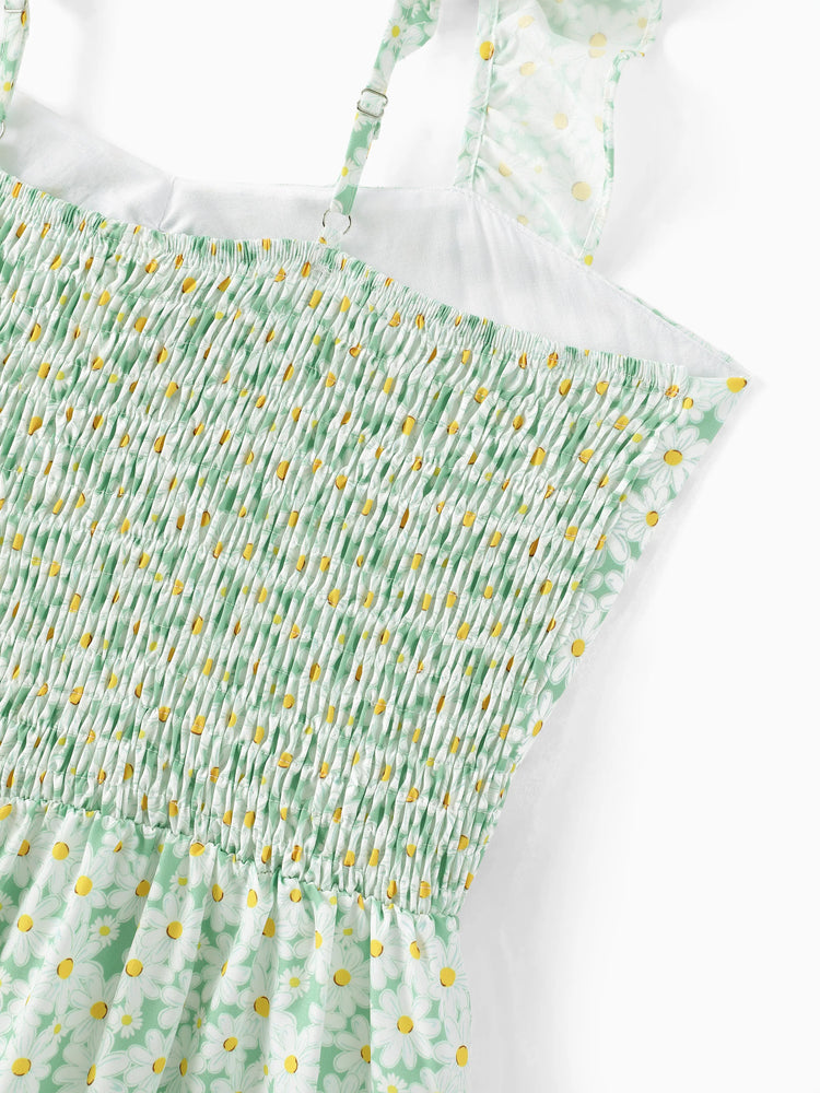 Mommy and Me Floral Dress with Flutter Sleeves Light Green Daisy Print Pale Green