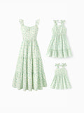 Mommy and Me Floral Dress with Flutter Sleeves Light Green Daisy Print Pale Green