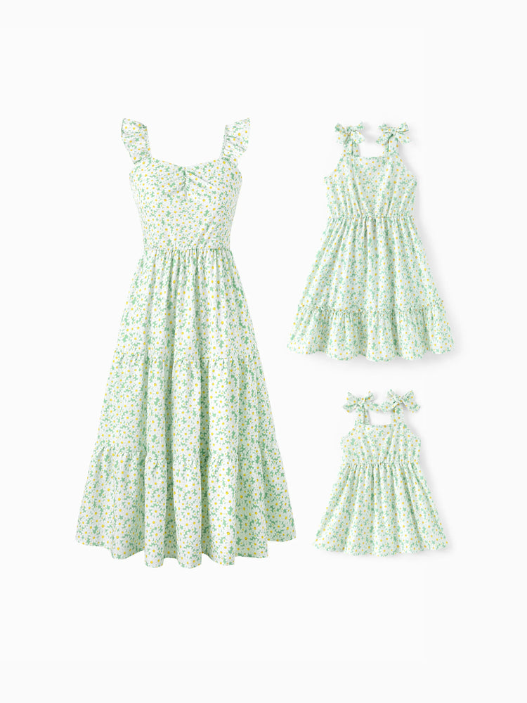 Mommy and Me Floral Dress with Flutter Sleeves Light Green Daisy Print Pale Green