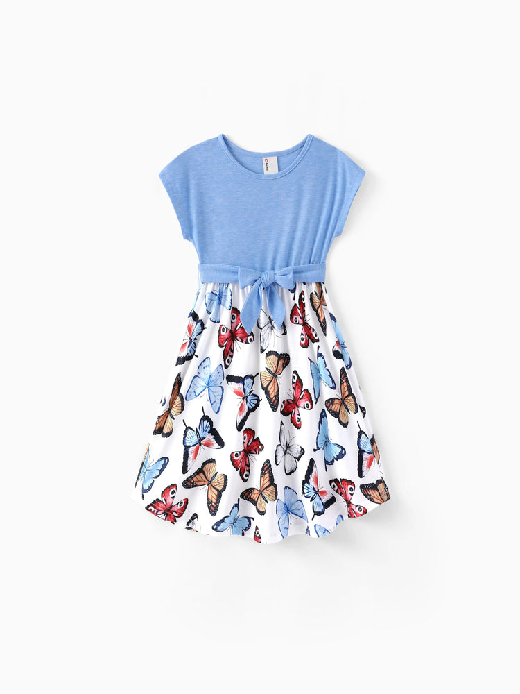 Family Matching Sets Butterfly Soft Casual Tee & Below Knee Dresses with Belted Design Blue Light Blue