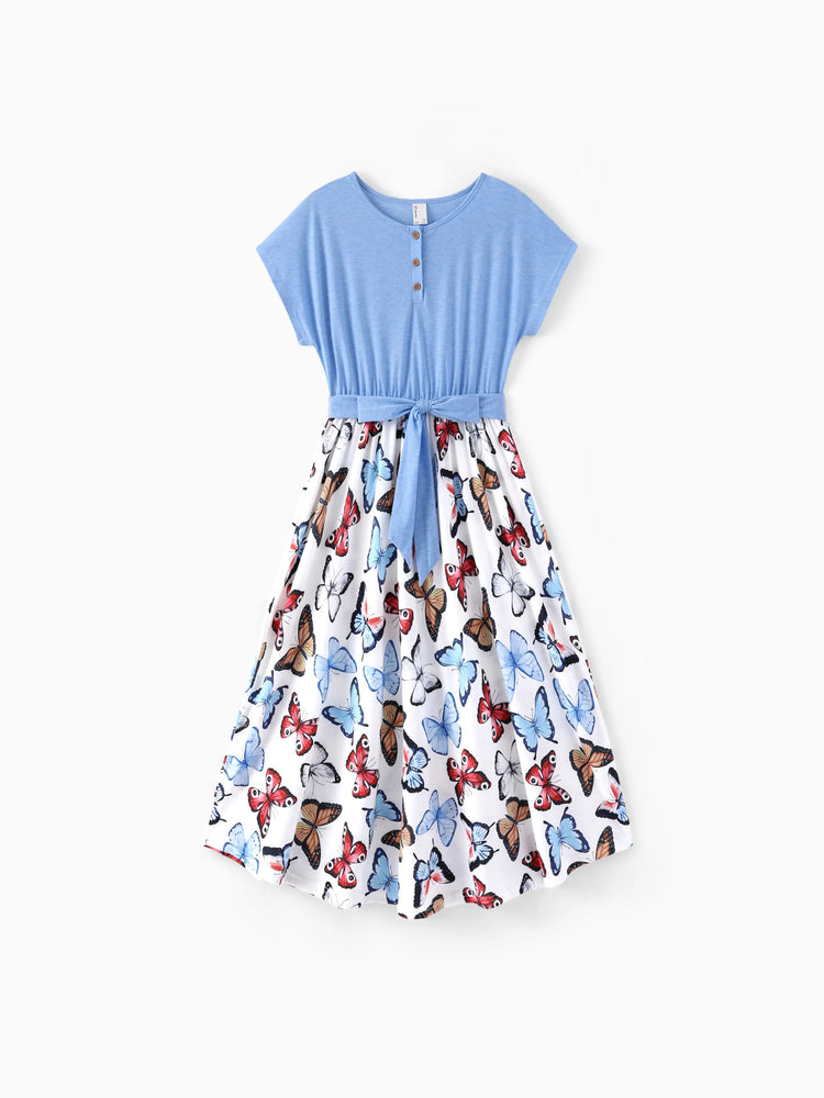 Family Matching Sets Butterfly Soft Casual Tee & Below Knee Dresses with Belted Design Blue Light Blue