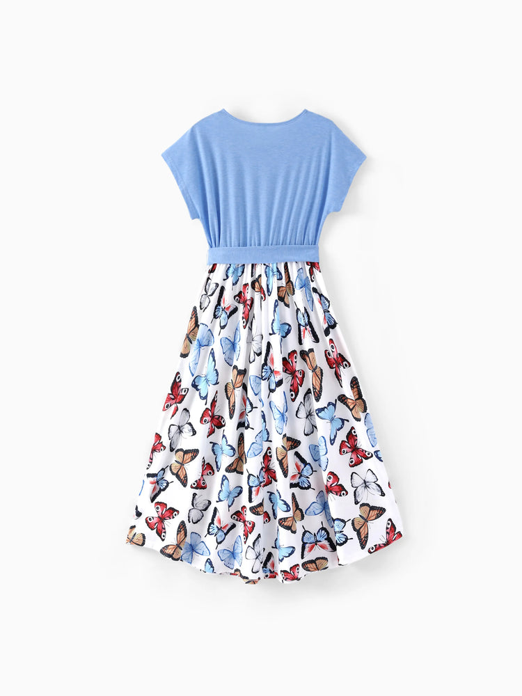 Family Matching Sets Butterfly Soft Casual Tee & Below Knee Dresses with Belted Design Blue Light Blue