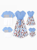 Family Matching Sets Butterfly Soft Casual Tee & Below Knee Dresses with Belted Design Blue Light Blue