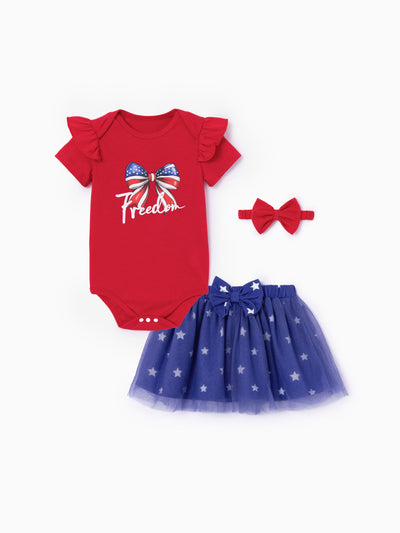 Independence Day Baby Girl 2pcs Patriotic Flutter Sleeve Bodysuit and Tulle Skirt Set with Headband Red