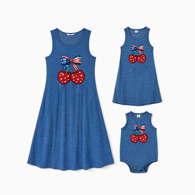 Independence Day Mommy and Me Patriotic Cherry Print Casual Sleeveless Dress Blue
