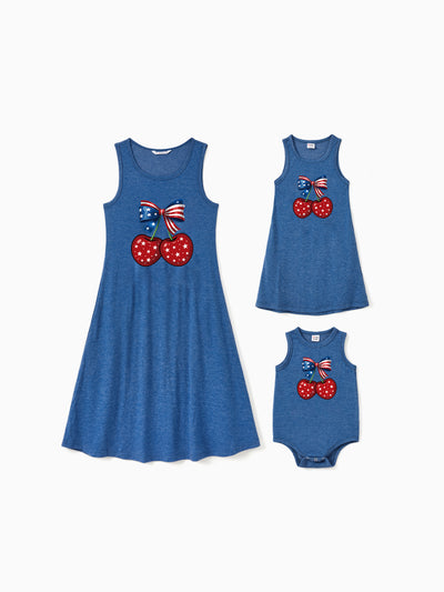 Independence Day Mommy and Me Patriotic Cherry Print Casual Sleeveless Dress Blue