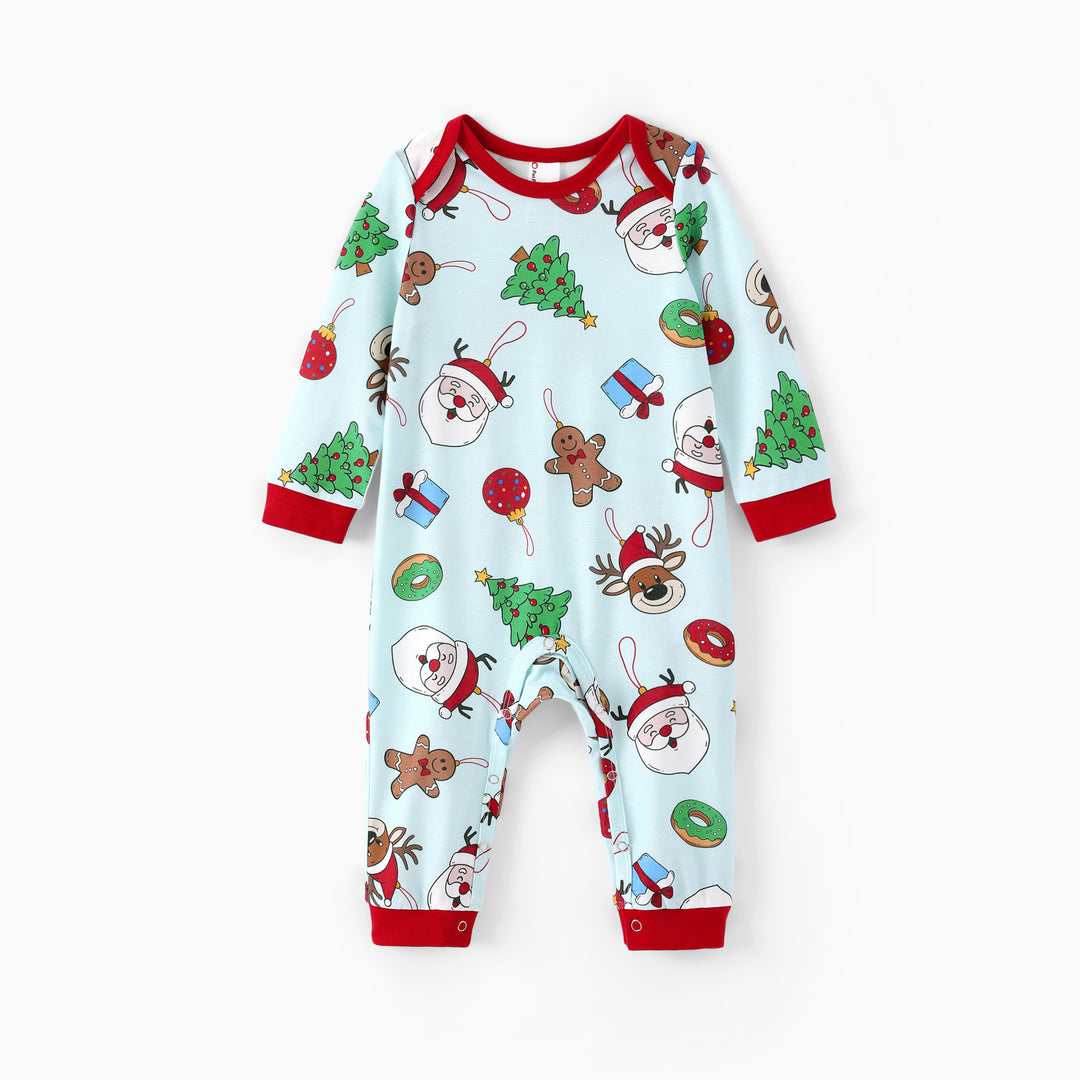 Pyjamas de Noël assortis pour toute la famille, imprimé Père Noël et sapins, vert