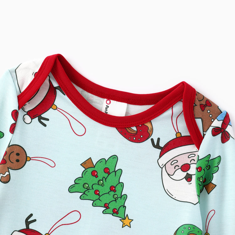 Christmas Matching Family Pajamas Santa & Xmas Tree Print Teal