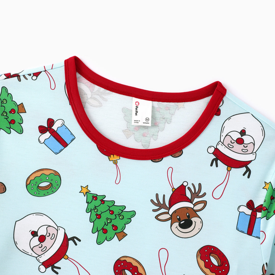 Christmas Matching Family Pajamas Santa & Xmas Tree Print Teal