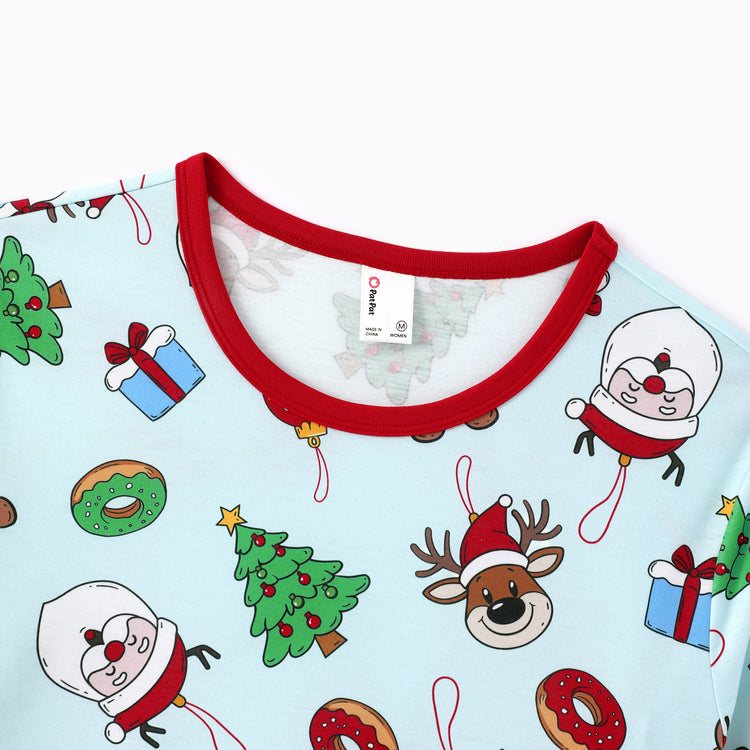 Christmas Matching Family Pajamas Santa & Xmas Tree Print Teal