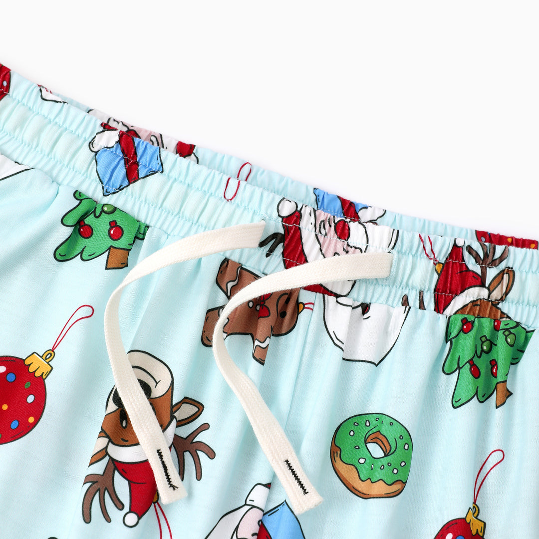 Christmas Matching Family Pajamas Santa & Xmas Tree Print Teal