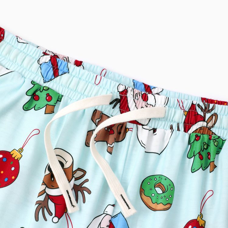 Christmas Matching Family Pajamas Santa & Xmas Tree Print Teal