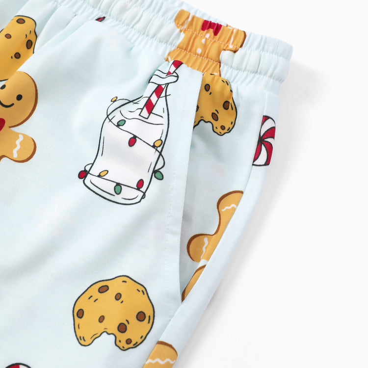 Pijamas navideños a juego para toda la familia, estampado de galleta de jengibre y leche, azul