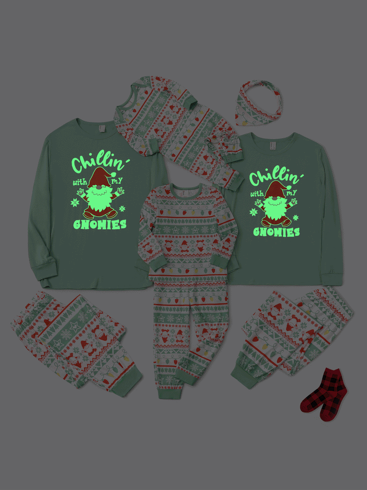 Christmas Matching Family Pajamas Glow In The Dark Santa Claus Print Light Green