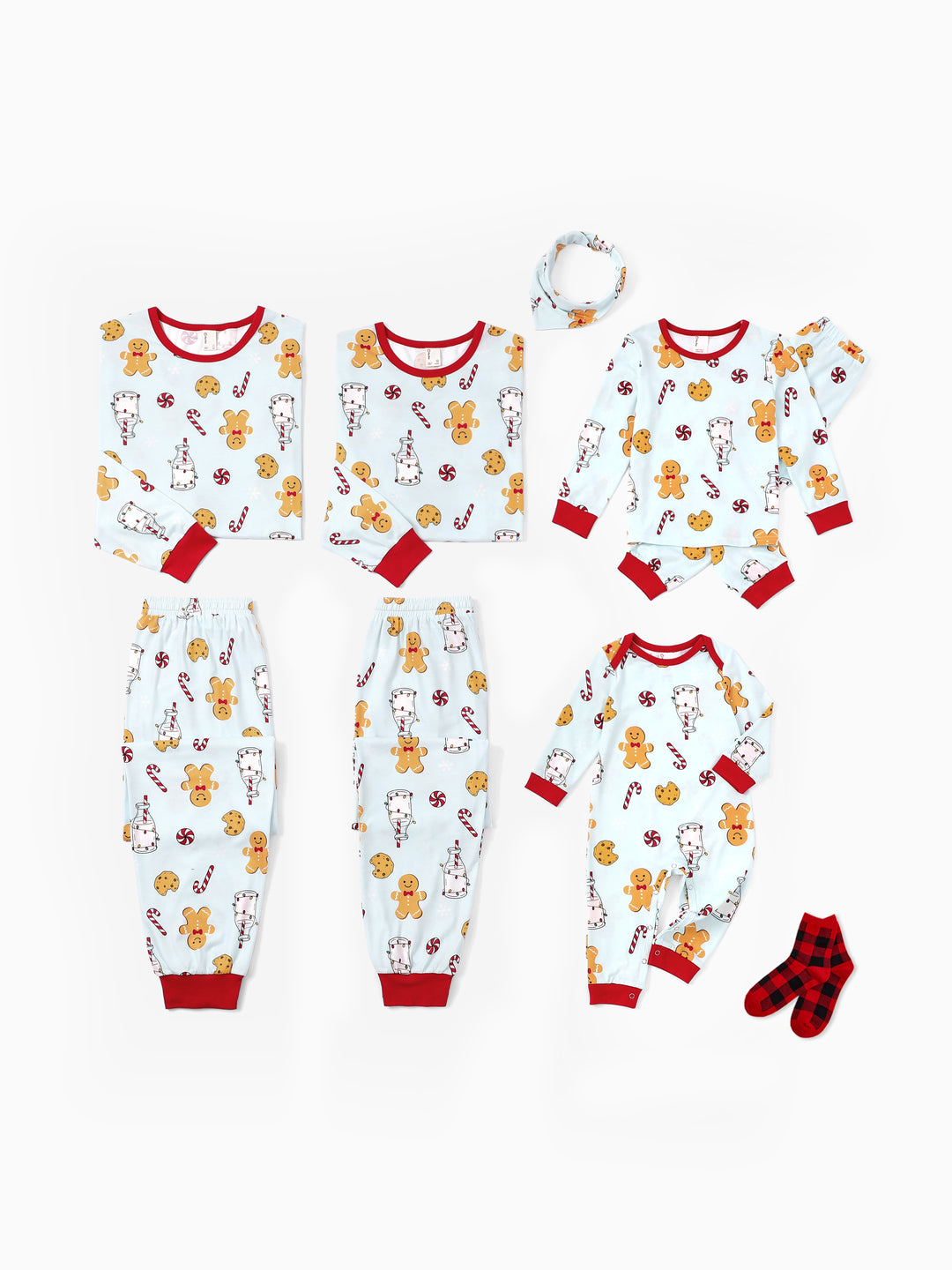 Pijamas navideños a juego para toda la familia, estampado de galleta de jengibre y leche, azul