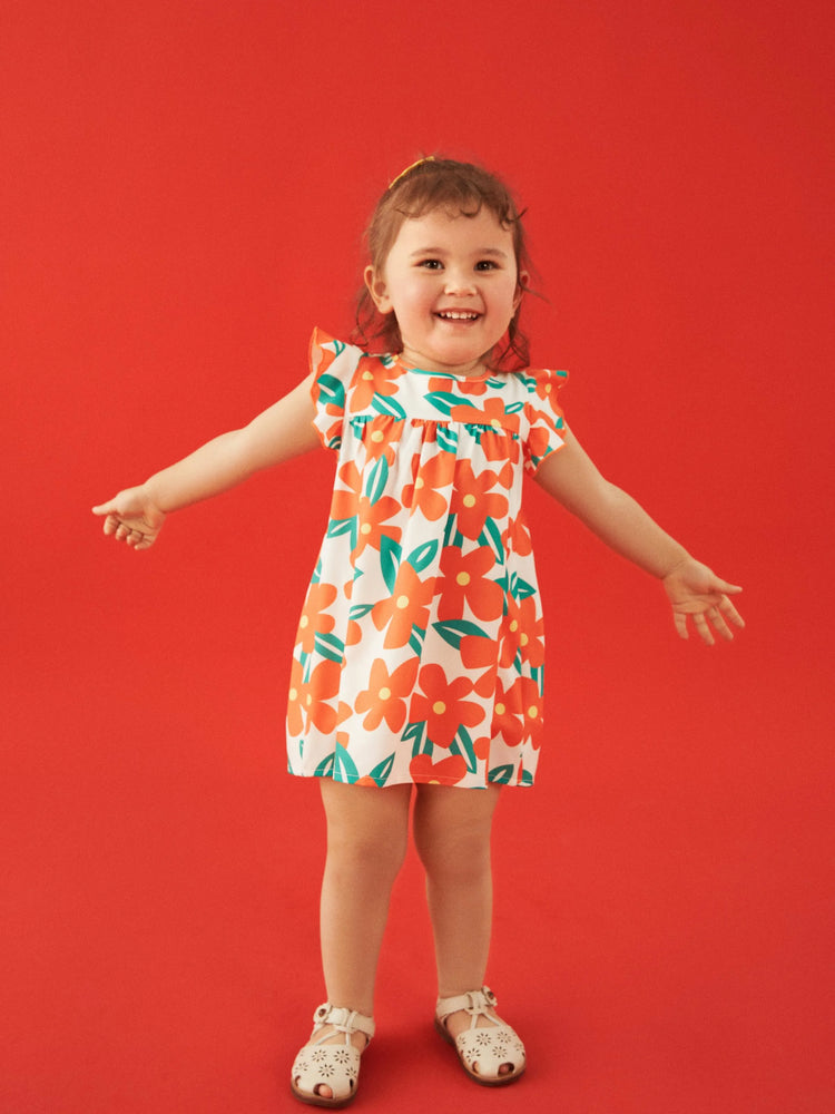 100% Cotton Baby Girl All Over Floral Print Flutter-sleeve Loose-fit Dress Orange