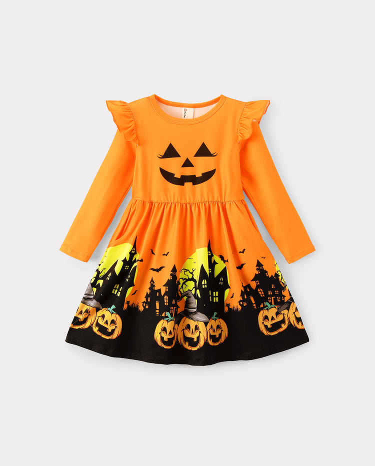 Halloween Toddler Girl Ruffle Sleeve Dress Orange
