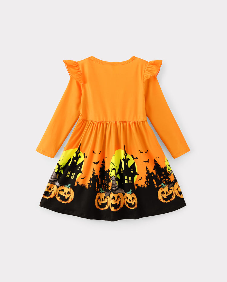 Halloween Toddler Girl Ruffle Sleeve Dress Orange